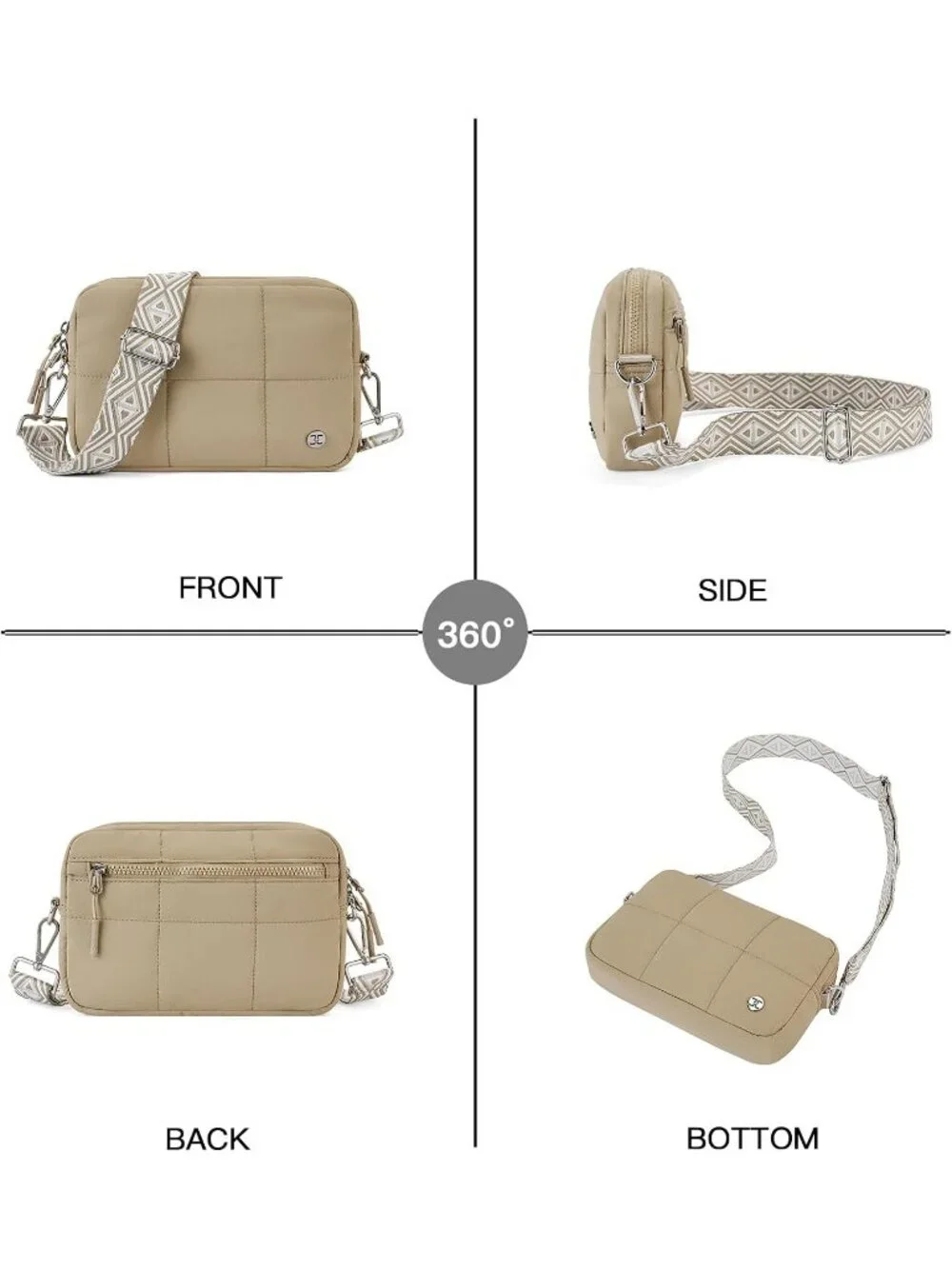 Women's Khaki Crossbody Purse with Guitar Strap Lightweight Puffer Shoulder Bag